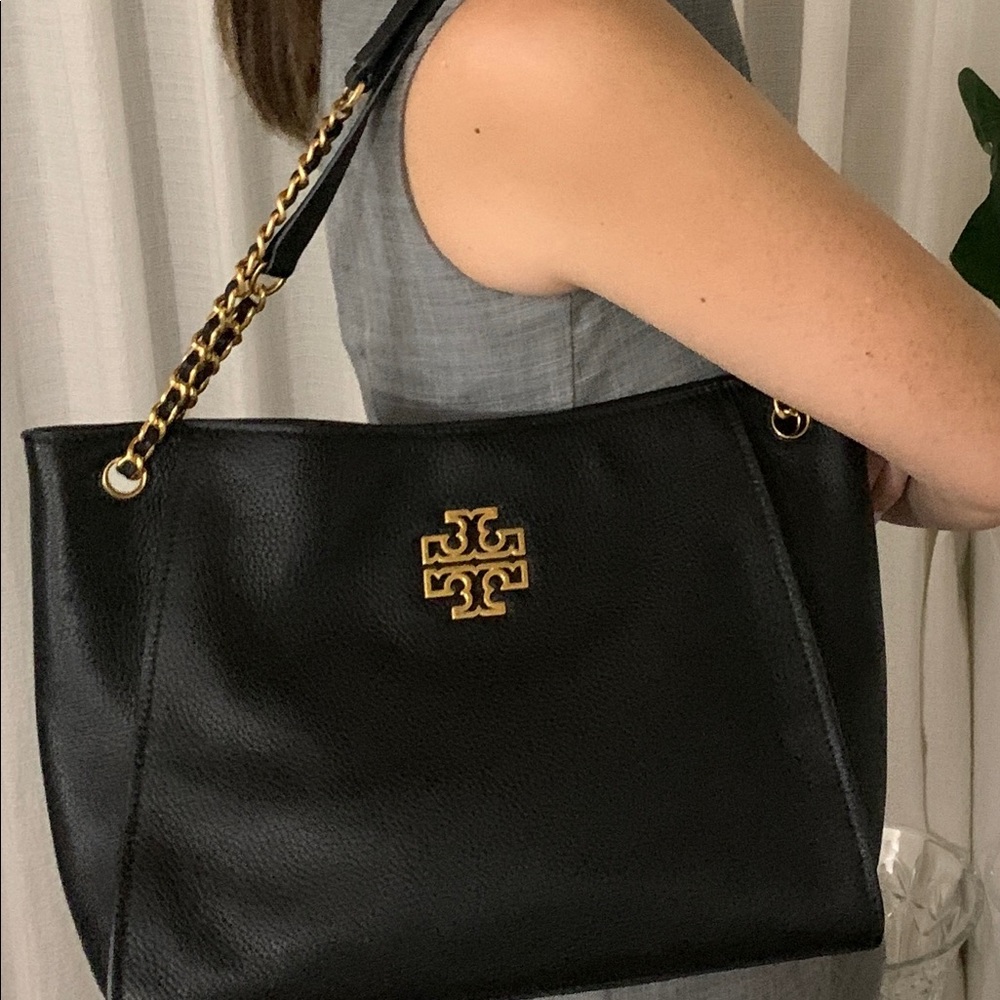 100% Authentic Tory Burch Britten Small Slouchy Tote Black Pebbled Leather